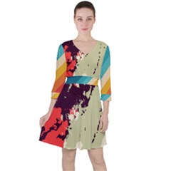 Abstract Colorful Pattern Quarter Sleeve Ruffle Waist Dress by AlphaOmega