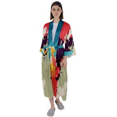 Abstract Colorful Pattern Maxi Satin Kimono by AlphaOmega