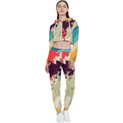 Abstract Colorful Pattern Cropped Zip Up Lounge Set