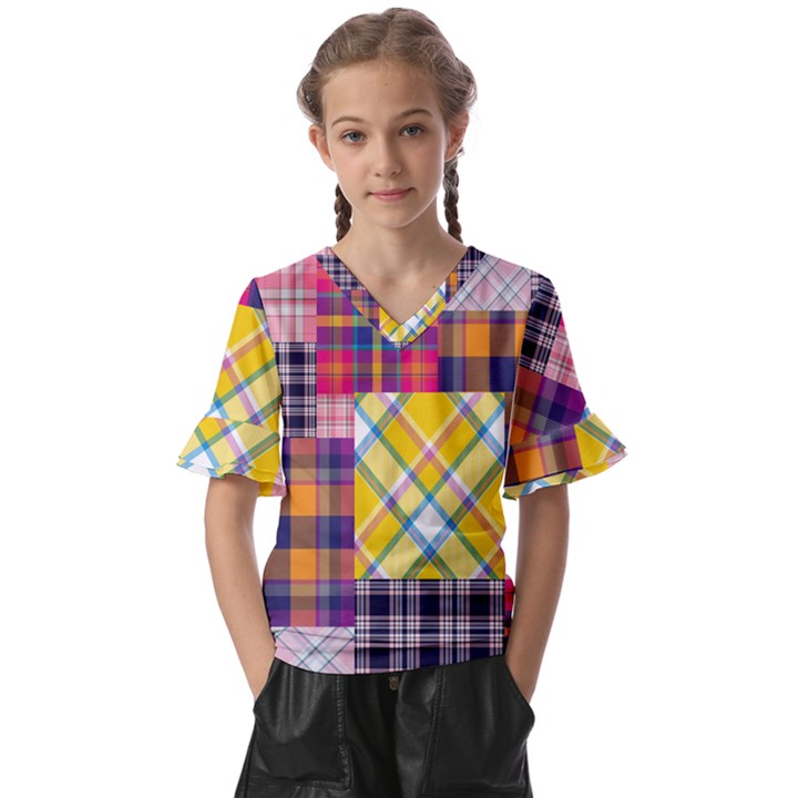 Checks Pattern Kids  V-Neck Horn Sleeve Blouse