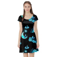 Starry Night With Foxes, Cats And An Owl Moon Short Sleeve Skater Dress by TanitaSiberia