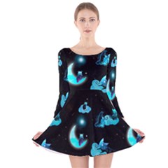 Starry Night With Foxes, Cats And An Owl Moon Long Sleeve Velvet Skater Dress by TanitaSiberia