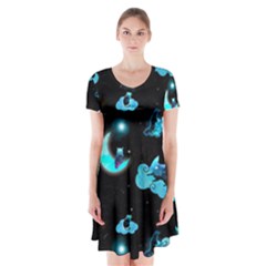 Starry Night With Foxes, Cats And An Owl Moon Short Sleeve V-neck Flare Dress by TanitaSiberia