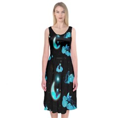 Starry Night With Foxes, Cats And An Owl Moon Midi Sleeveless Dress by TanitaSiberia