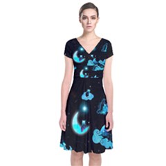 Starry Night With Foxes, Cats And An Owl Moon Short Sleeve Front Wrap Dress by TanitaSiberia