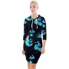 Starry Night With Foxes, Cats And An Owl Moon Quarter Sleeve Hood Bodycon Dress