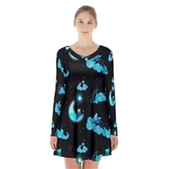 Starry Night With Foxes, Cats And An Owl Moon Long Sleeve Velvet V-neck Dress