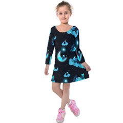 Starry Night With Foxes, Cats And An Owl Moon Kids  Long Sleeve Velvet Dress by TanitaSiberia