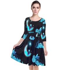 Starry Night With Foxes, Cats And An Owl Moon Quarter Sleeve Waist Band Dress by TanitaSiberia