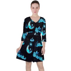 Starry Night With Foxes, Cats And An Owl Moon Quarter Sleeve Ruffle Waist Dress