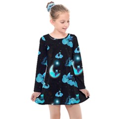 Starry Night With Foxes, Cats And An Owl Moon Kids  Long Sleeve Dress