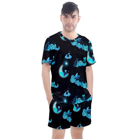 Starry Night With Foxes, Cats And An Owl Moon Men s Mesh Tee And Shorts Set by TanitaSiberia