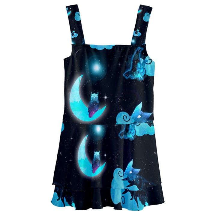 Starry night with foxes, cats and an owl moon Kids  Layered Skirt Swimsuit