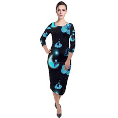 Starry Night With Foxes, Cats And An Owl Moon Quarter Sleeve Midi Velour Bodycon Dress