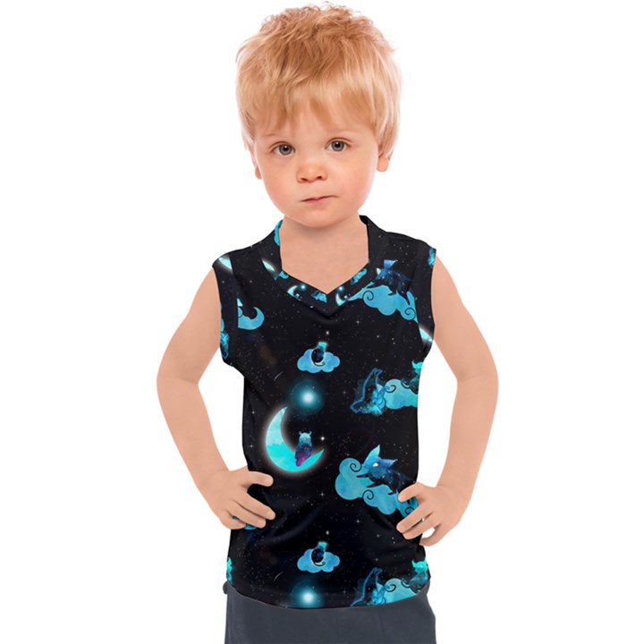 Starry night with foxes, cats and an owl moon Kids  Sport Tank Top