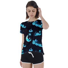 Starry Night With Foxes, Cats And An Owl Moon Short Sleeve Foldover Tee by TanitaSiberia