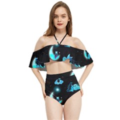 Starry Night With Foxes, Cats And An Owl Moon Halter Flowy Bikini Set 