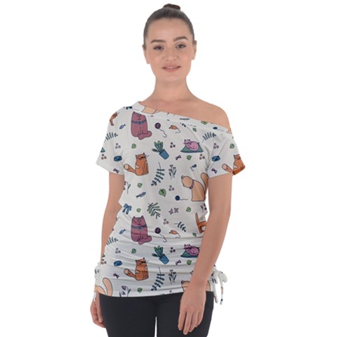 Funny Cats Off Shoulder Tie-up Tee by SychEva