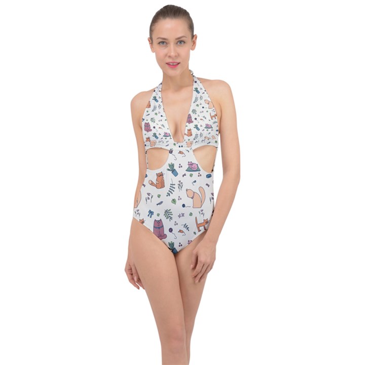 Funny Cats Halter Front Plunge Swimsuit