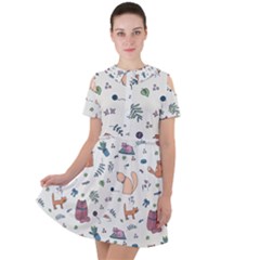 Funny Cats Short Sleeve Shoulder Cut Out Dress  by SychEva