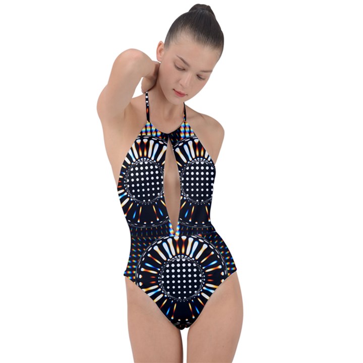 Digital Watch Plunge Cut Halter Swimsuit