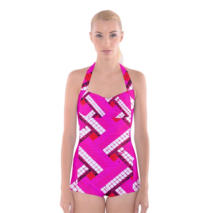 Pop Art Mosaic Boyleg Halter Swimsuit 