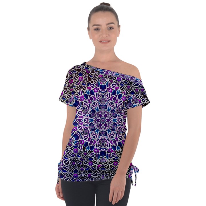 Digital Painting Drawing Of Flower Power Off Shoulder Tie-Up Tee