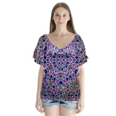 Digital Painting Drawing Of Flower Power V-neck Flutter Sleeve Top