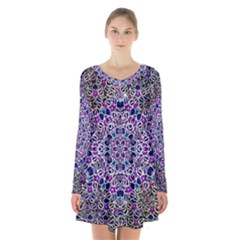 Digital Painting Drawing Of Flower Power Long Sleeve Velvet V-neck Dress