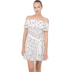 Cute Bunnies And Carrots Pattern, Light Colored Theme Off Shoulder Chiffon Dress by Casemiro