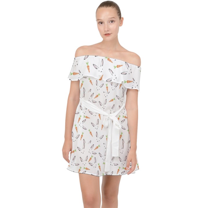 Cute Bunnies and carrots pattern, light colored theme Off Shoulder Chiffon Dress