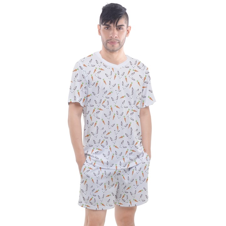 Cute Bunnies and carrots pattern, light colored theme Men s Mesh Tee and Shorts Set