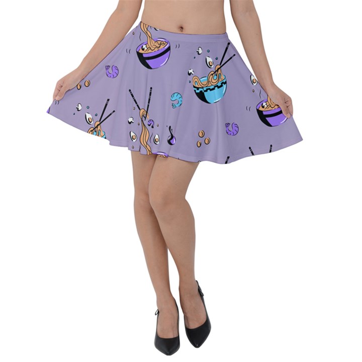 Japanese Ramen Sushi Noodles Rice Bowl Food Pattern Velvet Skater Skirt