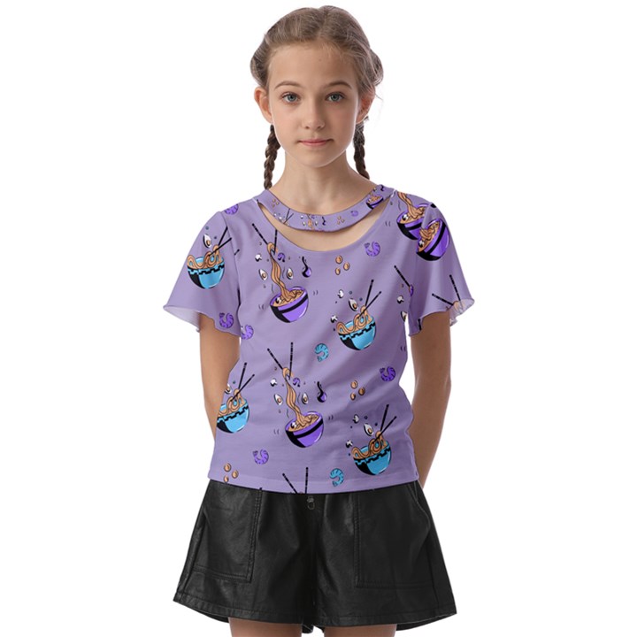 Japanese Ramen Sushi Noodles Rice Bowl Food Pattern Kids  Front Cut Tee