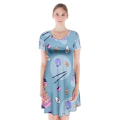 Japanese Ramen Sushi Noodles Rice Bowl Food Pattern 2 Short Sleeve V-neck Flare Dress by DinzDas