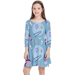 Japanese Ramen Sushi Noodles Rice Bowl Food Pattern 2 Kids  Quarter Sleeve Skater Dress