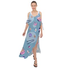 Japanese Ramen Sushi Noodles Rice Bowl Food Pattern 2 Maxi Chiffon Cover Up Dress by DinzDas