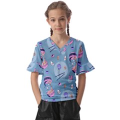 Japanese Ramen Sushi Noodles Rice Bowl Food Pattern 2 Kids  V-neck Horn Sleeve Blouse