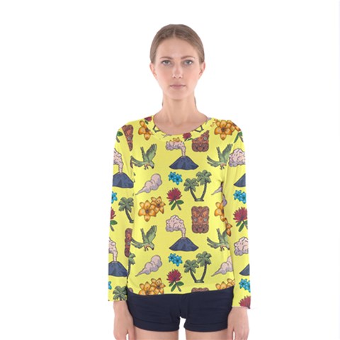 Tropical Island Tiki Parrots, Mask And Palm Trees Women s Long Sleeve Tee by DinzDas