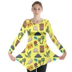 Tropical Island Tiki Parrots, Mask And Palm Trees Long Sleeve Tunic  by DinzDas