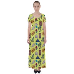 Tropical Island Tiki Parrots, Mask And Palm Trees High Waist Short Sleeve Maxi Dress by DinzDas