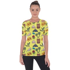 Tropical Island Tiki Parrots, Mask And Palm Trees Shoulder Cut Out Short Sleeve Top by DinzDas