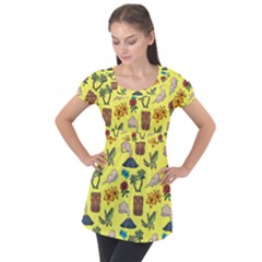 Tropical Island Tiki Parrots, Mask And Palm Trees Puff Sleeve Tunic Top by DinzDas