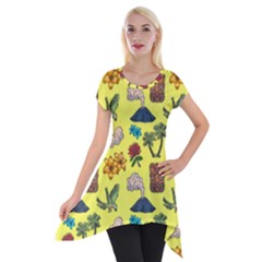 Tropical Island Tiki Parrots, Mask And Palm Trees Short Sleeve Side Drop Tunic by DinzDas