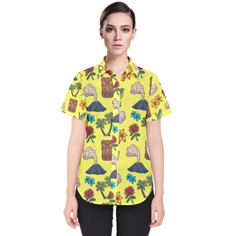 Tropical Island Tiki Parrots, Mask And Palm Trees Women s Short Sleeve Shirt by DinzDas