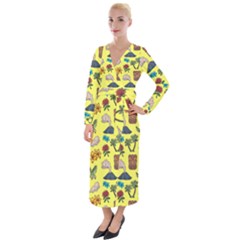 Tropical Island Tiki Parrots, Mask And Palm Trees Velvet Maxi Wrap Dress by DinzDas