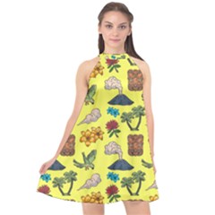 Tropical Island Tiki Parrots, Mask And Palm Trees Halter Neckline Chiffon Dress  by DinzDas