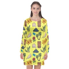 Tropical Island Tiki Parrots, Mask And Palm Trees Long Sleeve Chiffon Shift Dress  by DinzDas