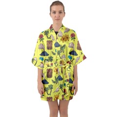 Tropical Island Tiki Parrots, Mask And Palm Trees Half Sleeve Satin Kimono  by DinzDas