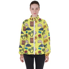 Tropical Island Tiki Parrots, Mask And Palm Trees Women s High Neck Windbreaker by DinzDas